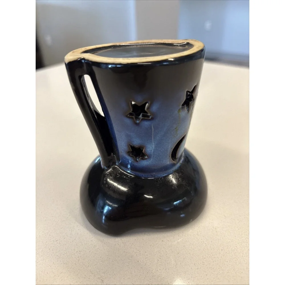 Dark Blue Iridescent Finish Ceramic Oil And Wax Warmer with Celestial Theme